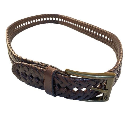 Dockers Men's Leather Belt Size 32 Brown Woven Logo Buckle - Picture 1 of 3